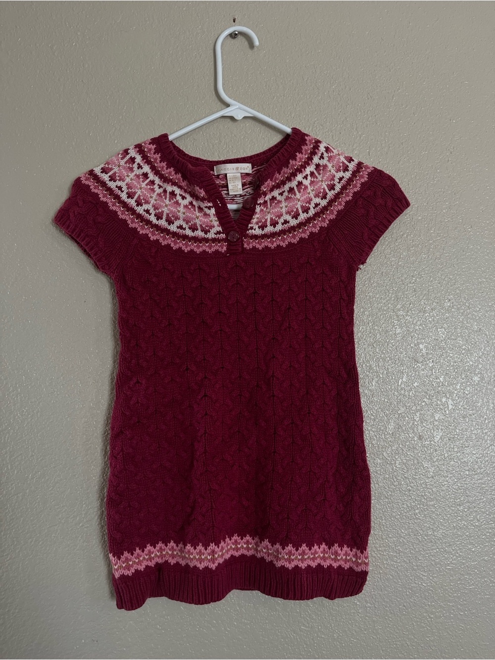 Maggie & Zoe Burgundy Fair Isle Cable Knit Dress with Pink Accents